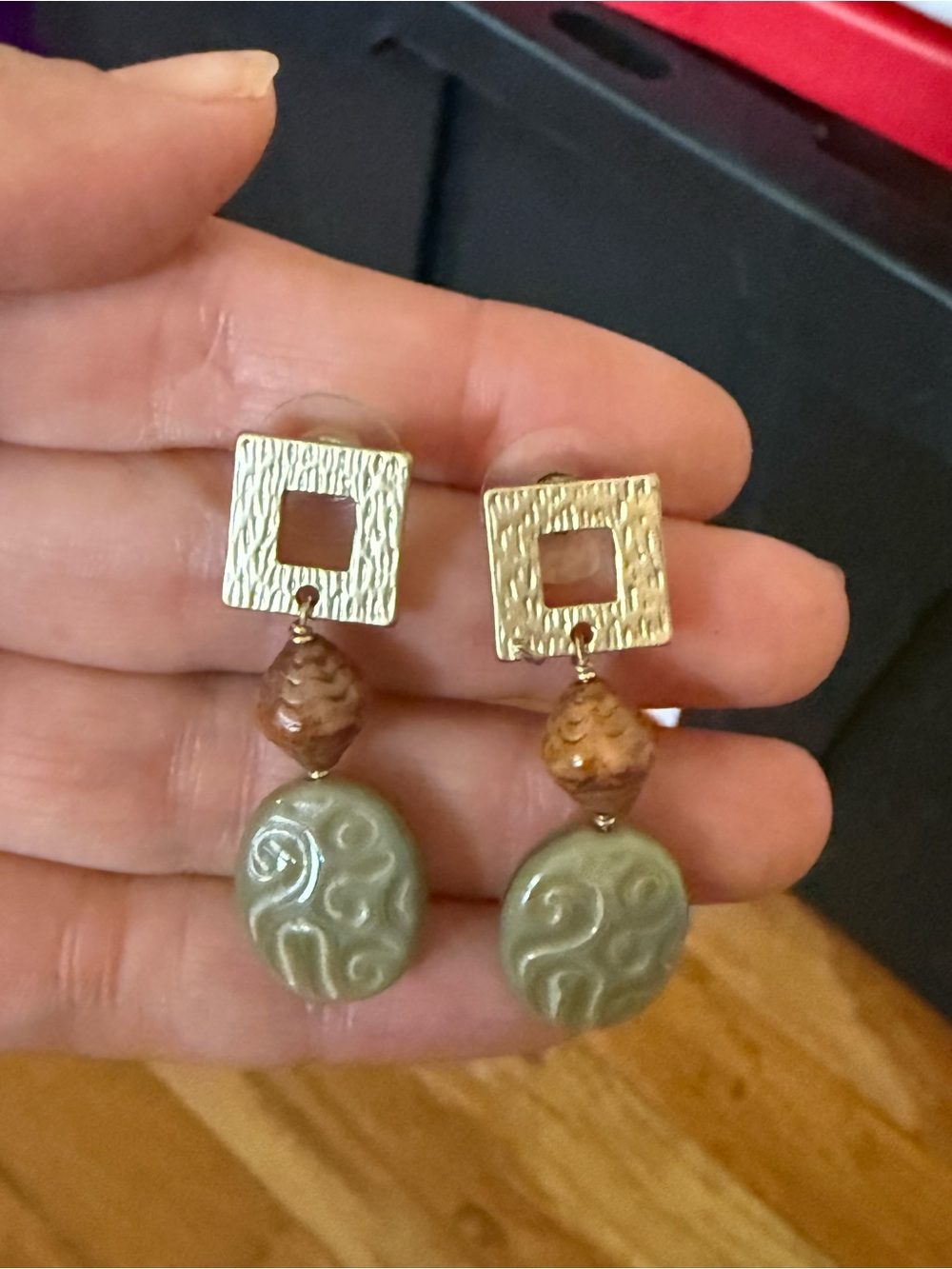 Gold-Tone Square Drop Earrings with Sage Green Ceramic and Brown Accent Beads